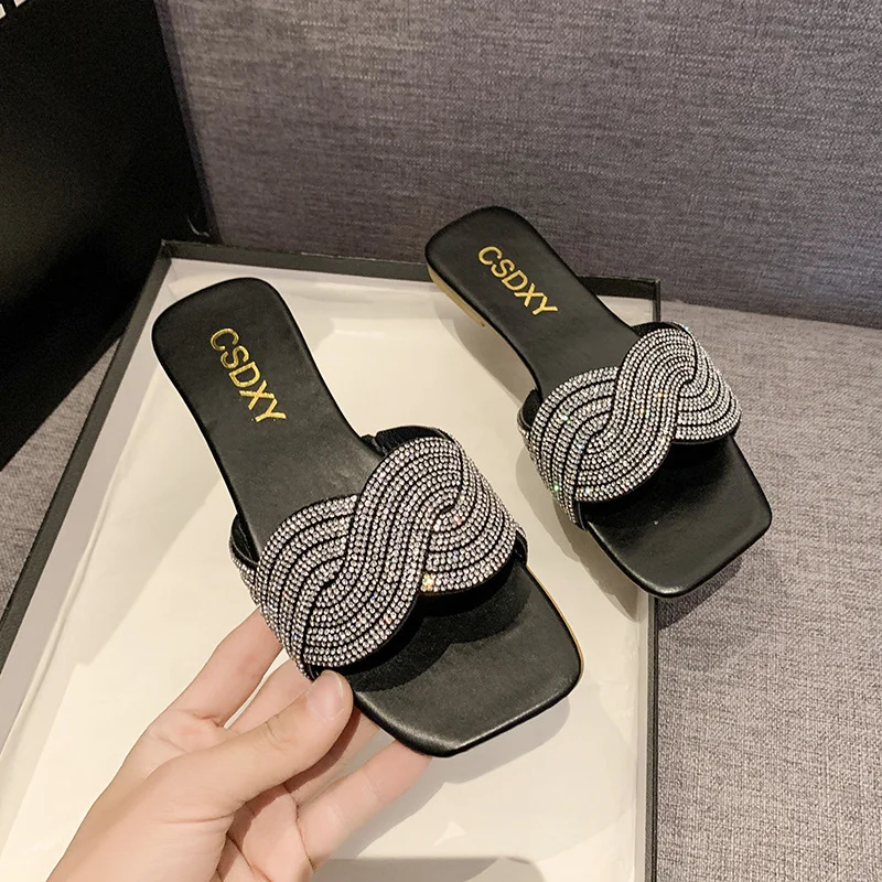 Tanguoant Tanguoant Version Of Stripe Flat Slippers Female Flat Slippers Square Head One Foot Pedal Home Slippers