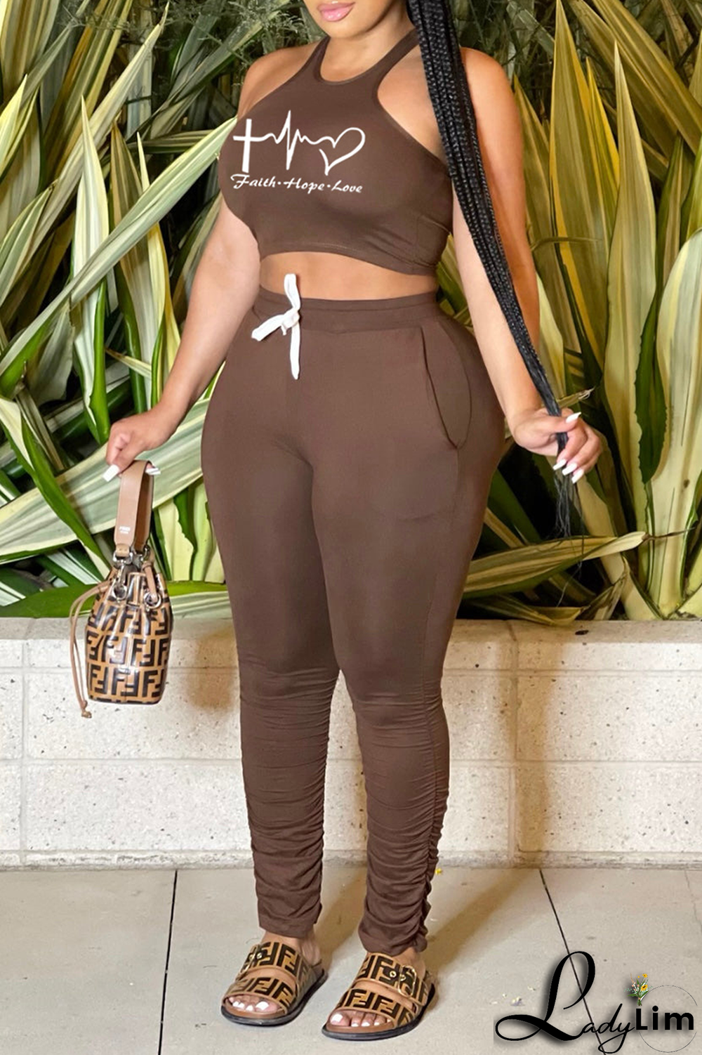 Blue Fashion Print Fold U Neck Sleeveless Two Pieces