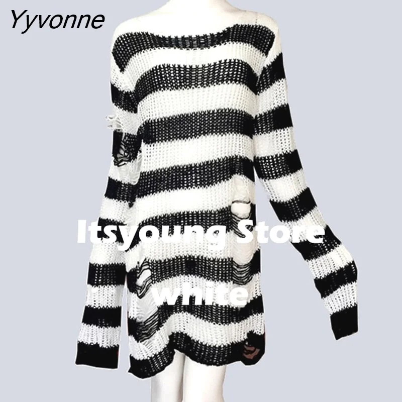 Yyvonne Size Punk Gothic Long Unisex Sweater Dress Cool Hollow Out Hole Broken Jumper Loose Rock Thin Sweter 2023 Women Man Striped 305-0