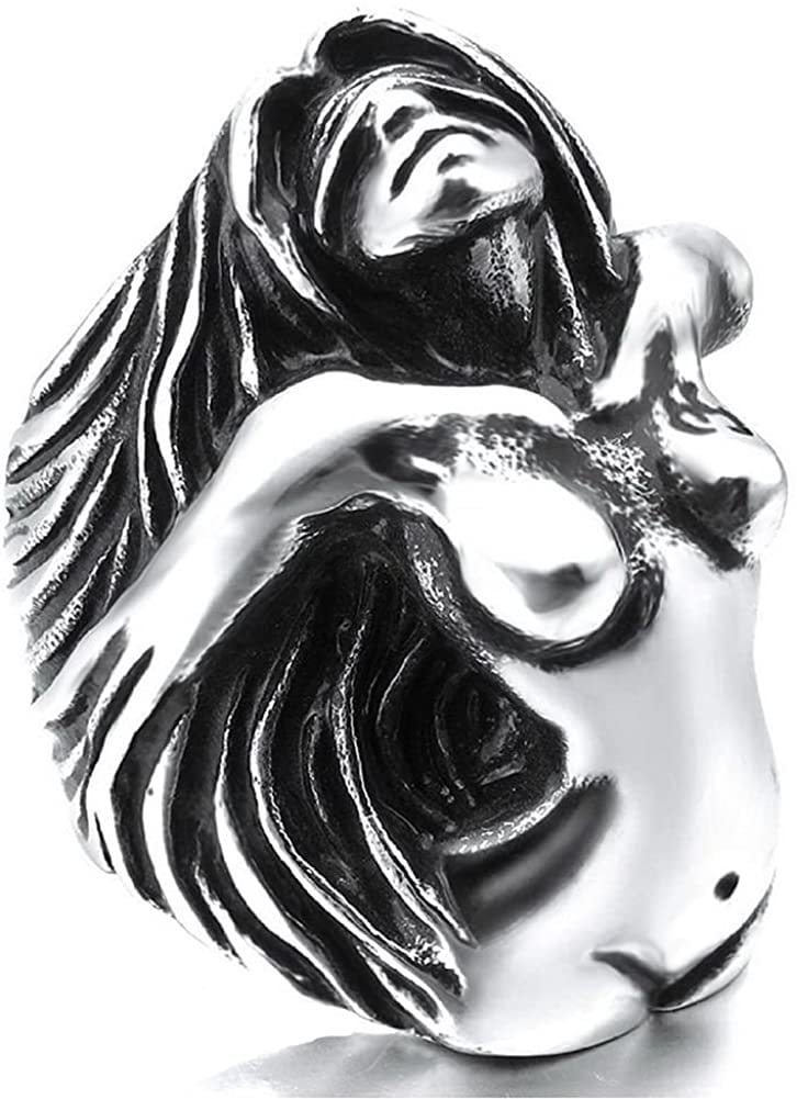 JAJAFOOK Vintage Heavy Stainless Steel Angel Goddess Biker Mens Ring, Color Black Silver