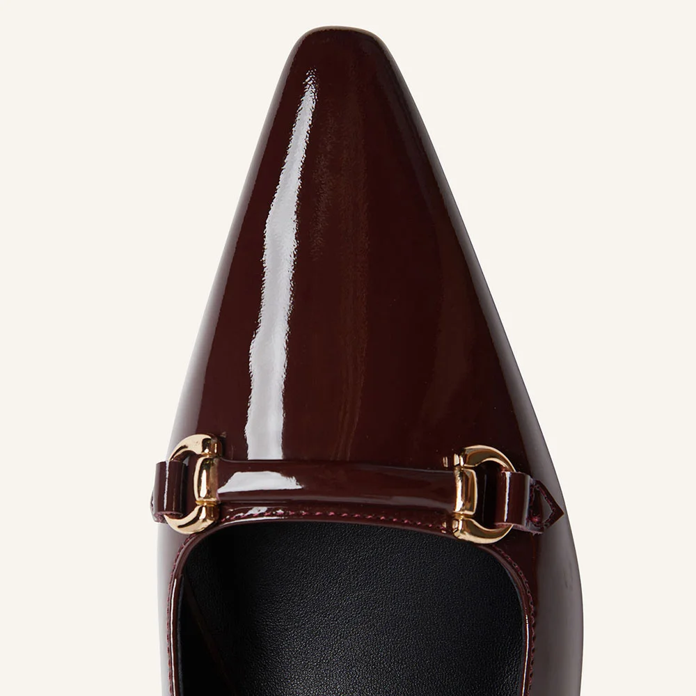 Maroon Patent Leather Pointed Toe Horsebit Decor Slingback Heels