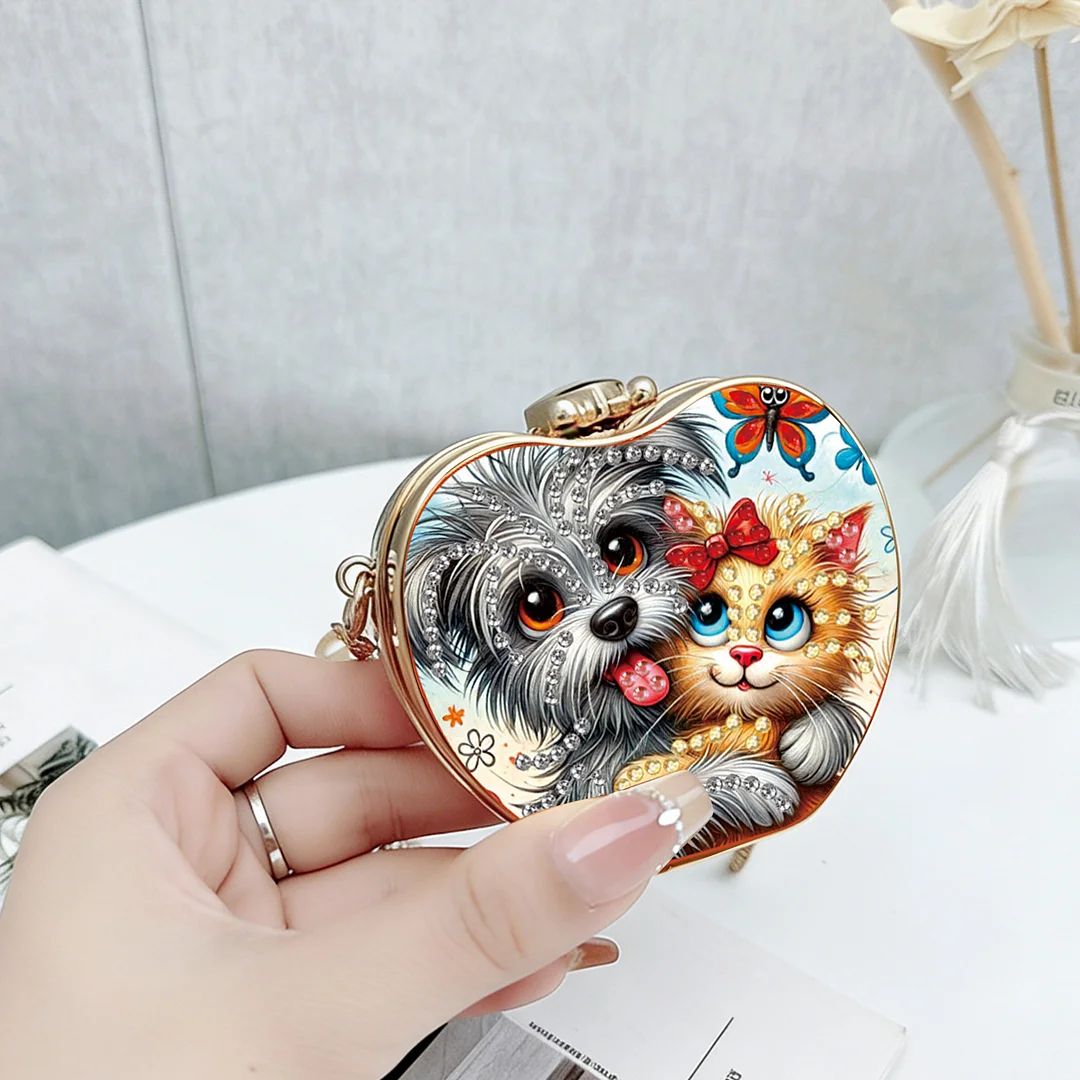 Cats and Dogs DIY Acrylic Love Diamond Art Painting Card Case Wallet with Chain Small Diamond Painting Crossbody Bag for Adults Women Girls Gift