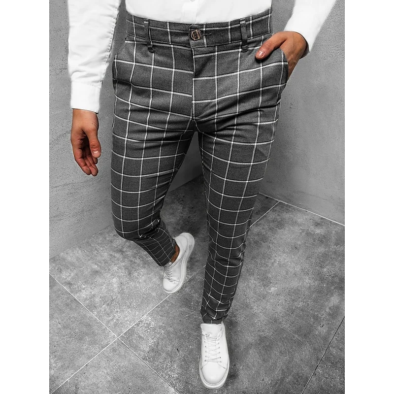 Men's Trousers Jogger Pants Plaid Pants Print Lattice Soft Full Length Home Business Cotton Blend Trousers Casual / Sporty Slim Blue Light gray Micro-elastic | IFYHOME