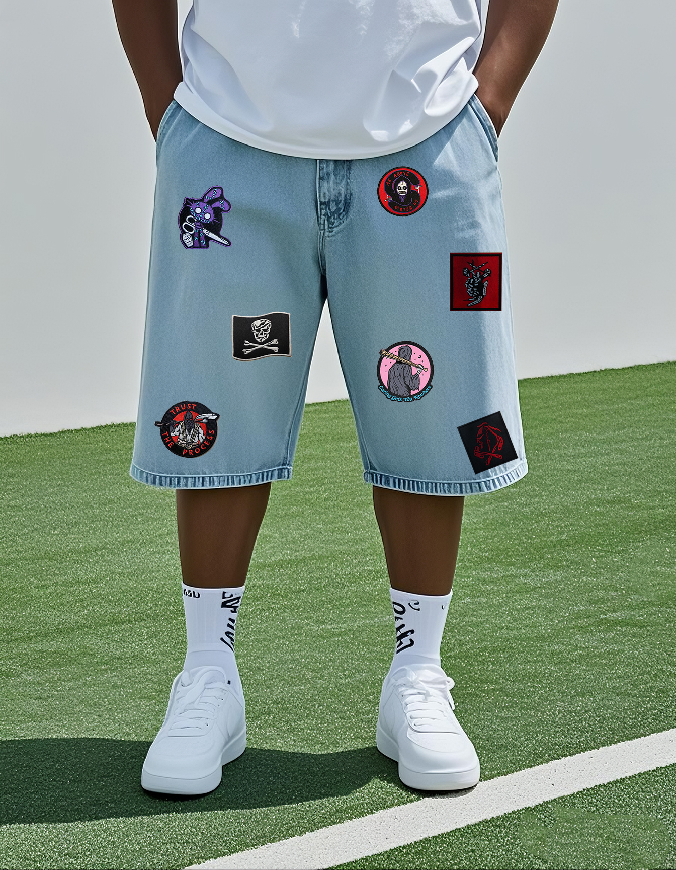 Big & Tall Men's Y2K Fashion Street Horror Stickers Hot Pants Jeans