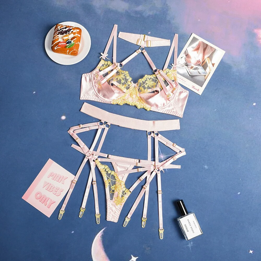 MIRABELE Sensual Lingerie Set Erotic Hollow Out Women's Underwear Lace Embroidery Push Up Bra Thong Garters Exotic Sets