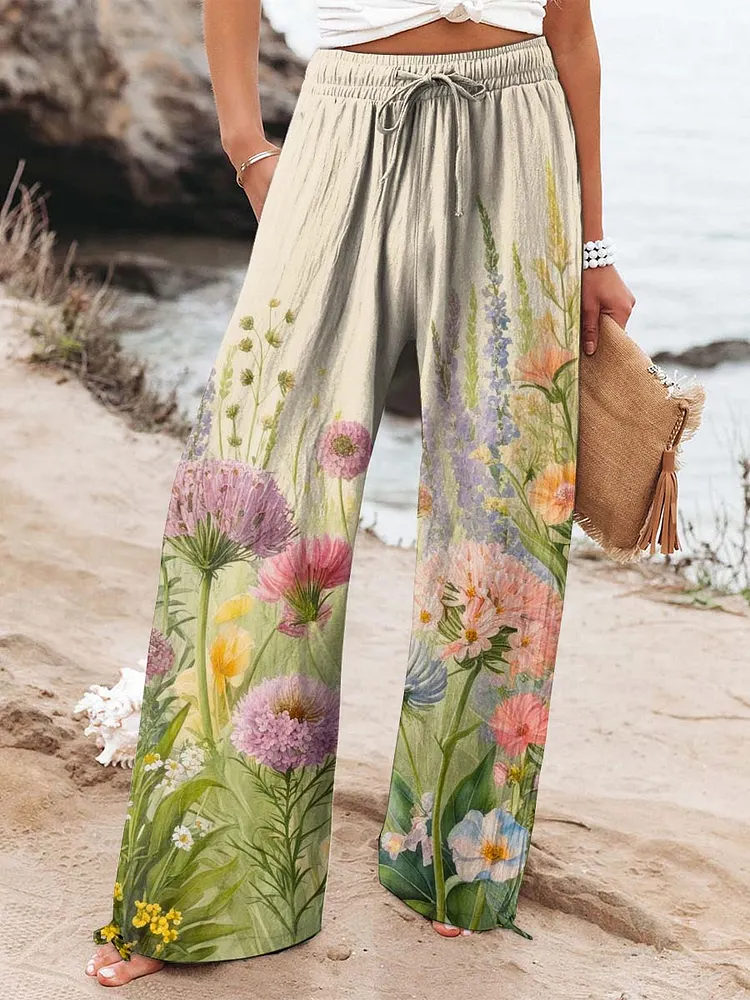 Women's Lovely Floral Art Printed Cotton And Linen Casual Pants
