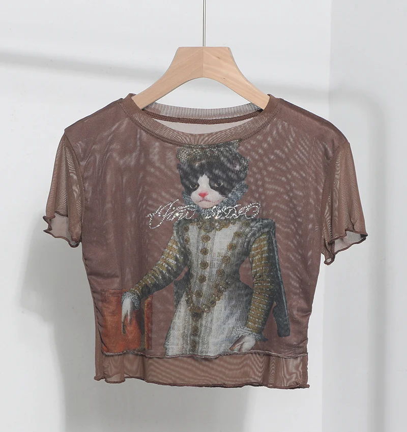 Uveng Front Double-Layer Mesh Hot Wood Ear Print Short-Cut Umbilly T-Shirt 8832-1