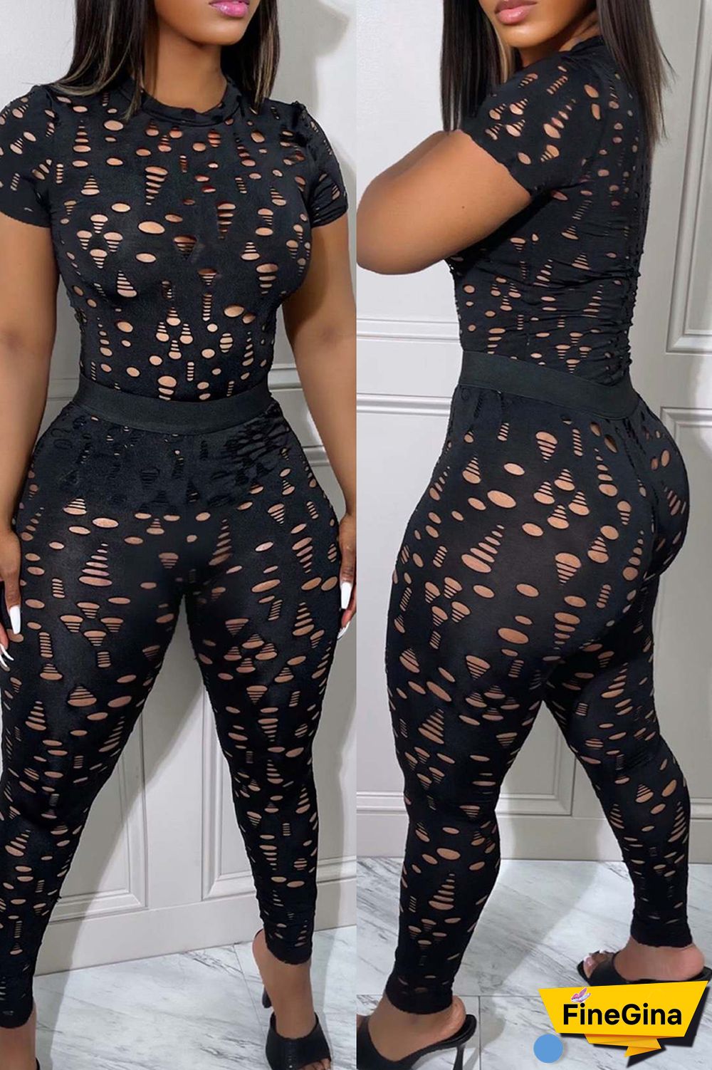 Black Sexy Solid Ripped Hollowed Out O Neck Short Sleeve Two Pieces