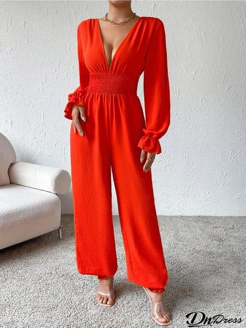 Plunge Smocked Flounce Sleeve Jumpsuit