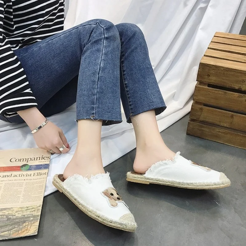 Sandals women 2021 flat toe cap shoes summer half-support women's shoes denim sneakers white cartoon cute slippers calzado mujer