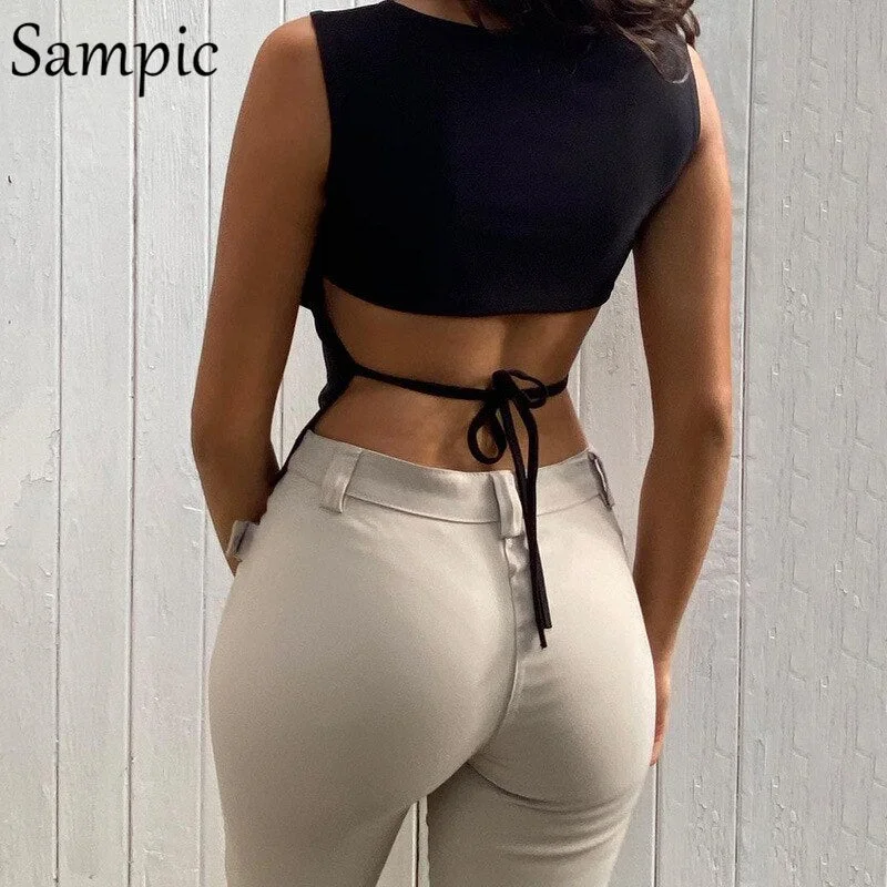 Sampic O Neck Fashion Casual Women Club Sexy Skinny Short Mini Crop Tops Basic Tees Backless Summer 2021 Knitted Tank Tops