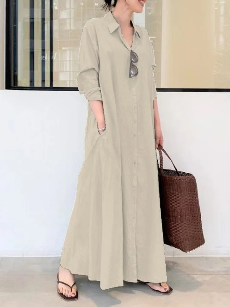 Women's Casual Solid Color Lapel Long Sleeve Shirt Dress