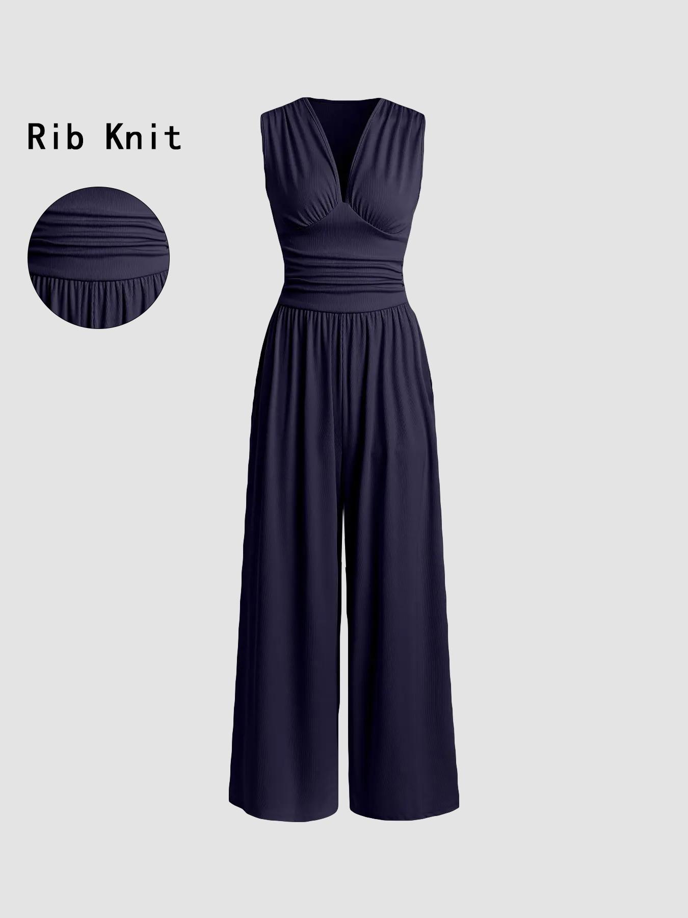 Women's Plain Ruched Deep V Neck Wide Leg Jumpsuit, Sleeveless Ribbed Jumpsuit for Daily Wear, Ladies Clothes for All Seasons, Casual Basic Jumpsuit, Casual Jumpsuits
