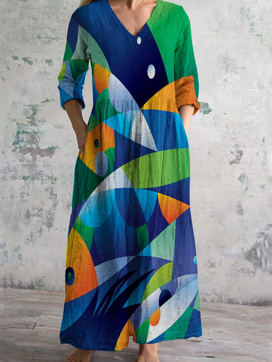 Women's V Neck Abstract Painting Fish Art Print Cotton Linen Pocket Dress