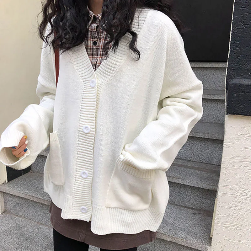 Women Cardigan Solid V-neck Colorful Casual All-match Loose Simple Korean Style Elegant Female Ulzzang Knitted Pockets Buttons