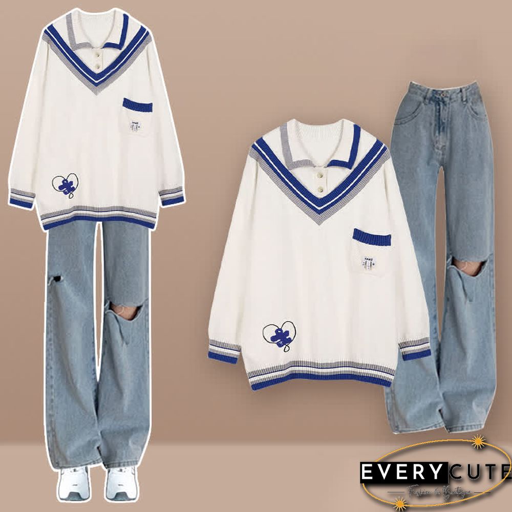 Colorblock Polo Knit Sweater Denim Pants Two Pieces Set
