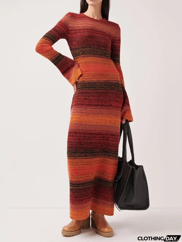 Bohemia Long Sleeves Color-Block Round-Neck Sweater Maxi Dresses