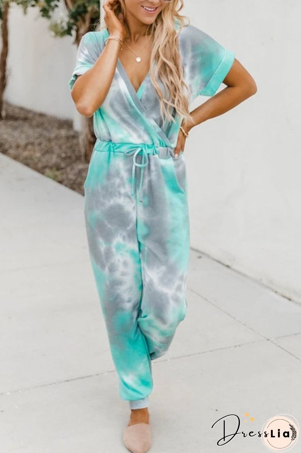 Tie-Dyed V-Neck Short Sleeve Jumpsuit