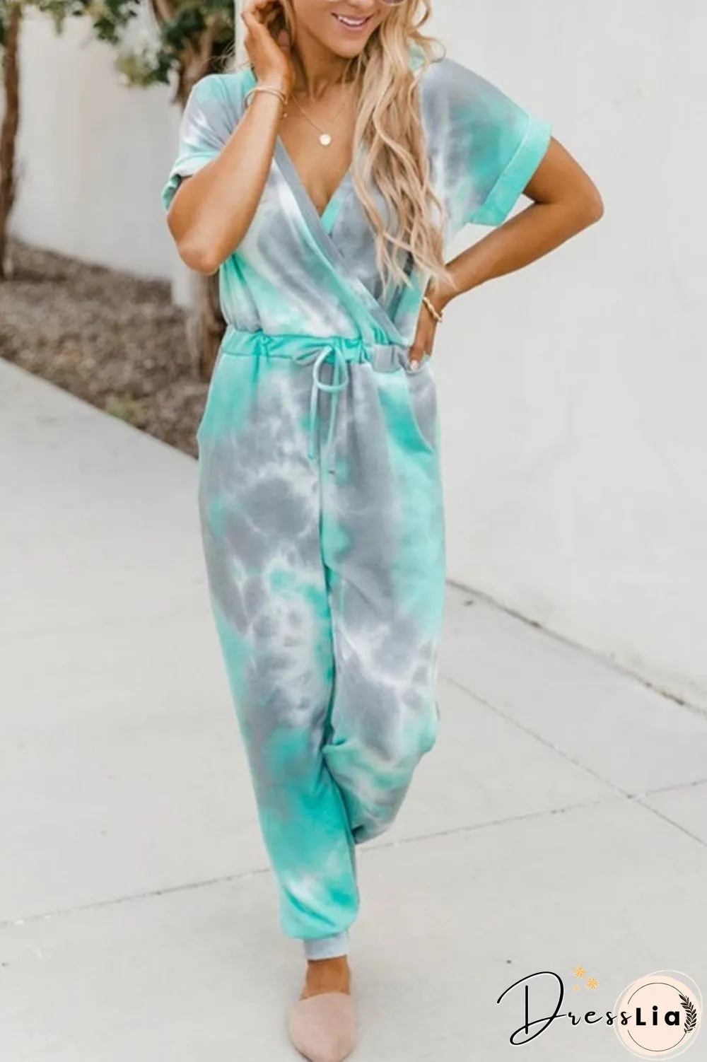 Tie-Dyed V-Neck Short Sleeve Jumpsuit