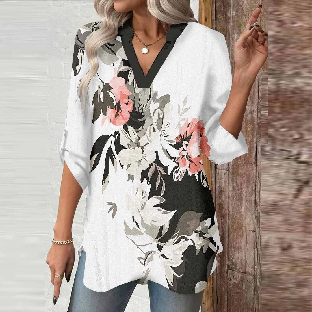 Women Floral,Pink,Black DZGA0725 3/4 Sleeve V-neck Printed Graphic Button Tops