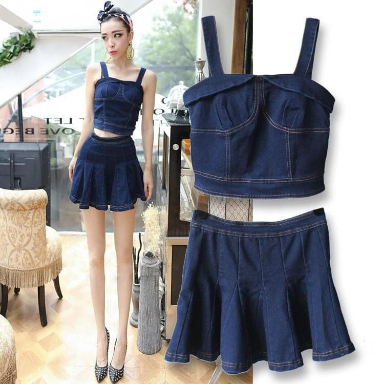 S/M Summer Camisole + High Waist Skirt Denim Set SP152610