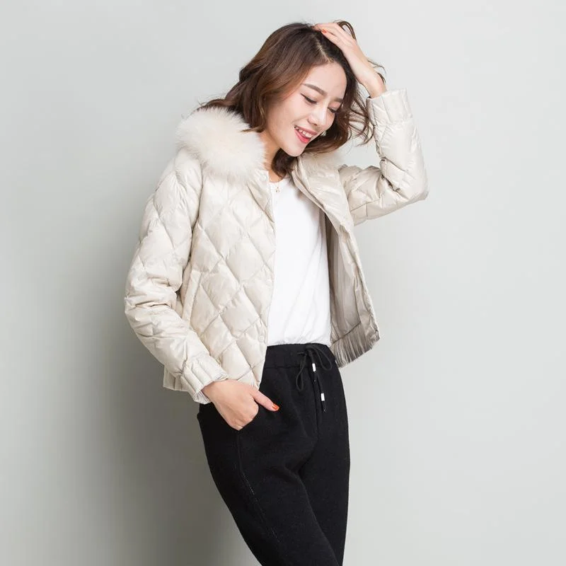 FTLZZ Women Real Collar Down Jacket Winter Warm Ultra Light Short Jacket White Duck Down Parka Elegant Coat Outwear