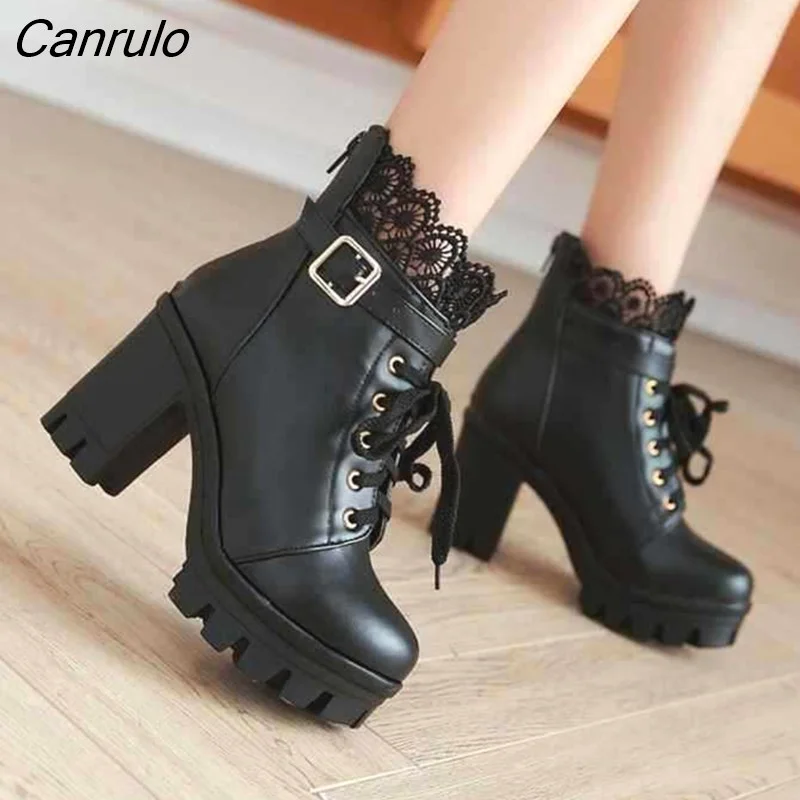 Canrulo Women Female high heels lace Winter Boots Fashion black white Women Boots Lace Up winter Boots Shoes Woman Casual Shoes Large