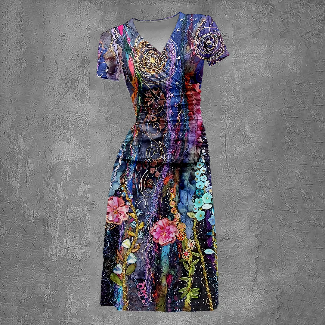 Women's Colourful Flowers Printing Vintage Two-Piece Maxi Dress