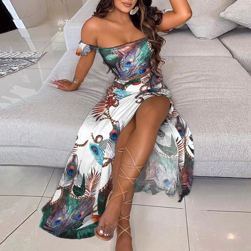 CM.YAYA Women Boho Elegant High Side Split Maxi Long Skirts Suit with Strapless Crop Tops Matching Two 2 Piece Set Outfits 2022