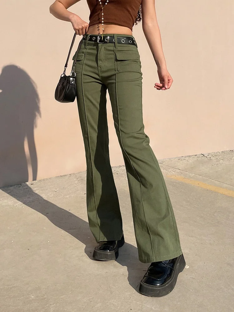 Rapcopter y2k Green Cargo Jeans Pockets High Waisted Flare Pants Women Vintage Harajuku Sweatpants Streetwear Women Korean Jeans