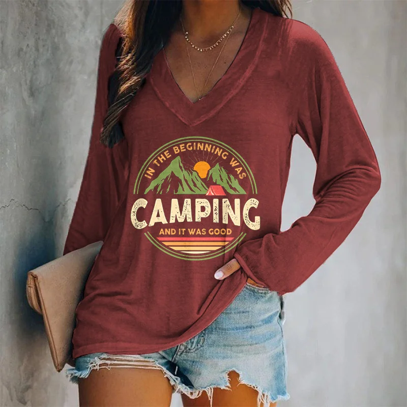 In The Beginning Was Camping And It Was Good Printed Women's T-shirt