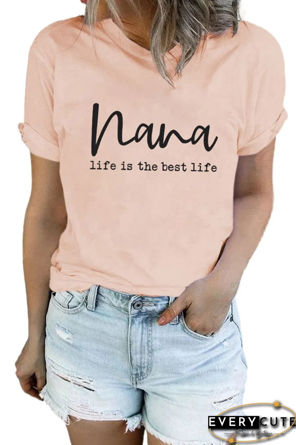 Pink Nana Letter Graphic Print Short Sleeve T Shirt