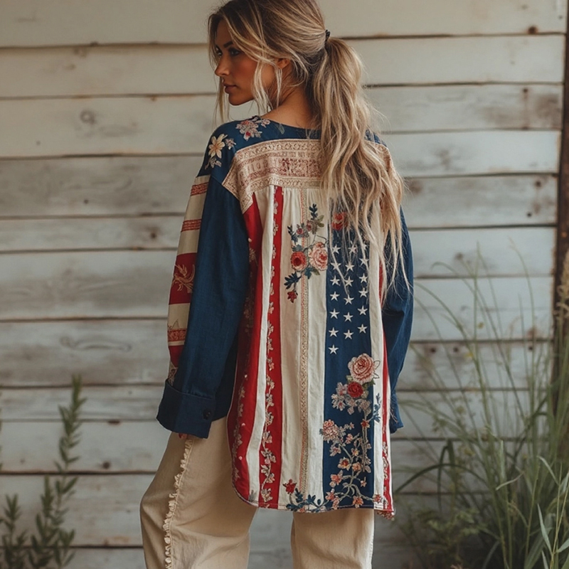 Comstylish Women's Vintage American Flag Floral Embroidered Cotton And Linen Cardigan