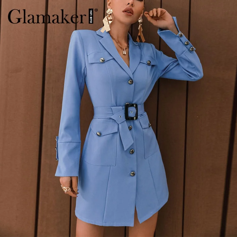 Glamaker Blue fashion spring summer mini blazer dress Office ladies button decoration slim straight sexy dress with belt 2021new