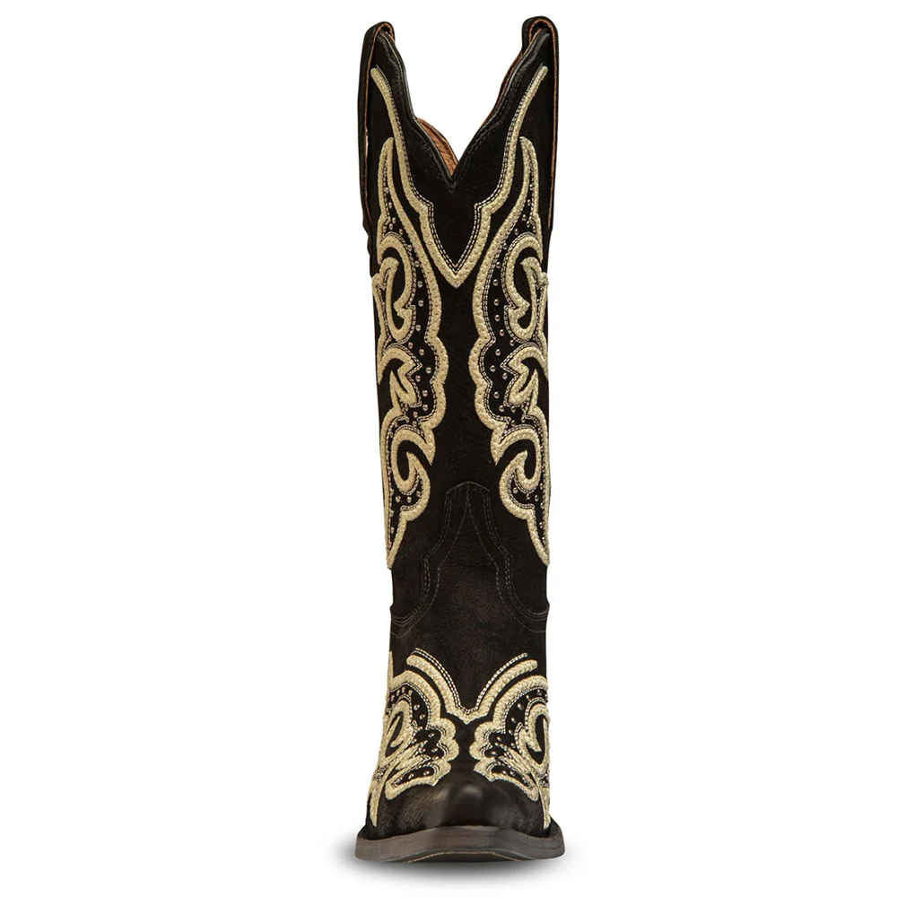 Black Studded Chunky Heel Gold Embroidery Western Boots for Women