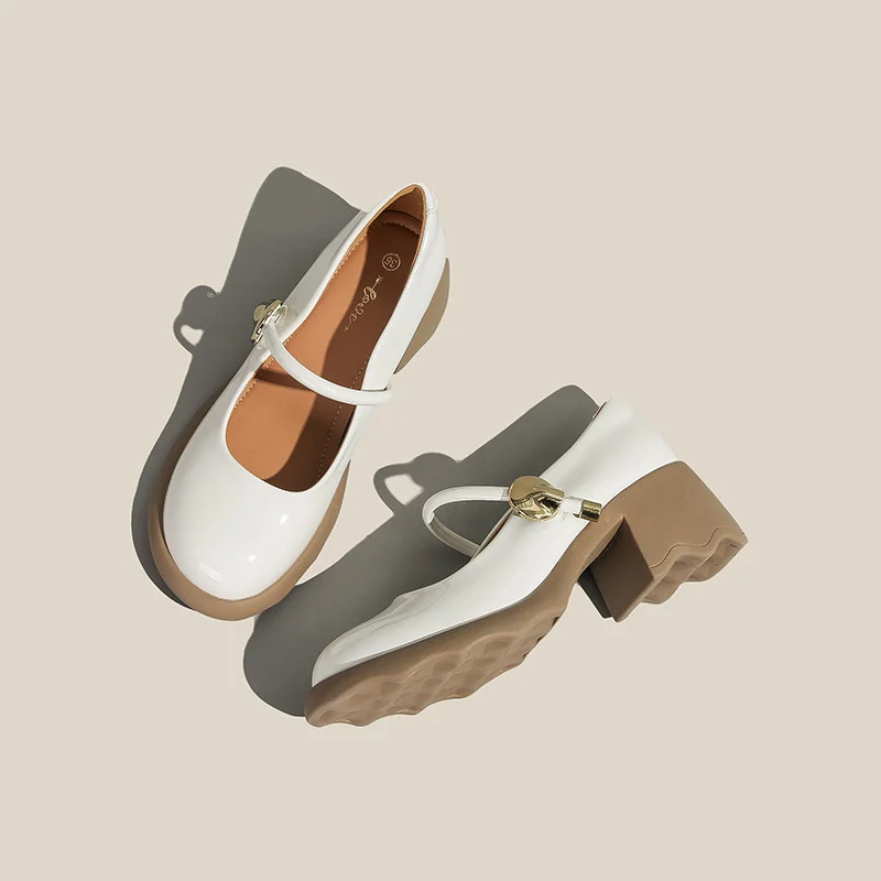Tanguoant Tanguoant Leather Round Head Mary Jane Shoes Female Spring / Summer 2024 Comfortable Thick Heel Shallow Mouth Single Shoes Middle High Heel One Word With Loafers