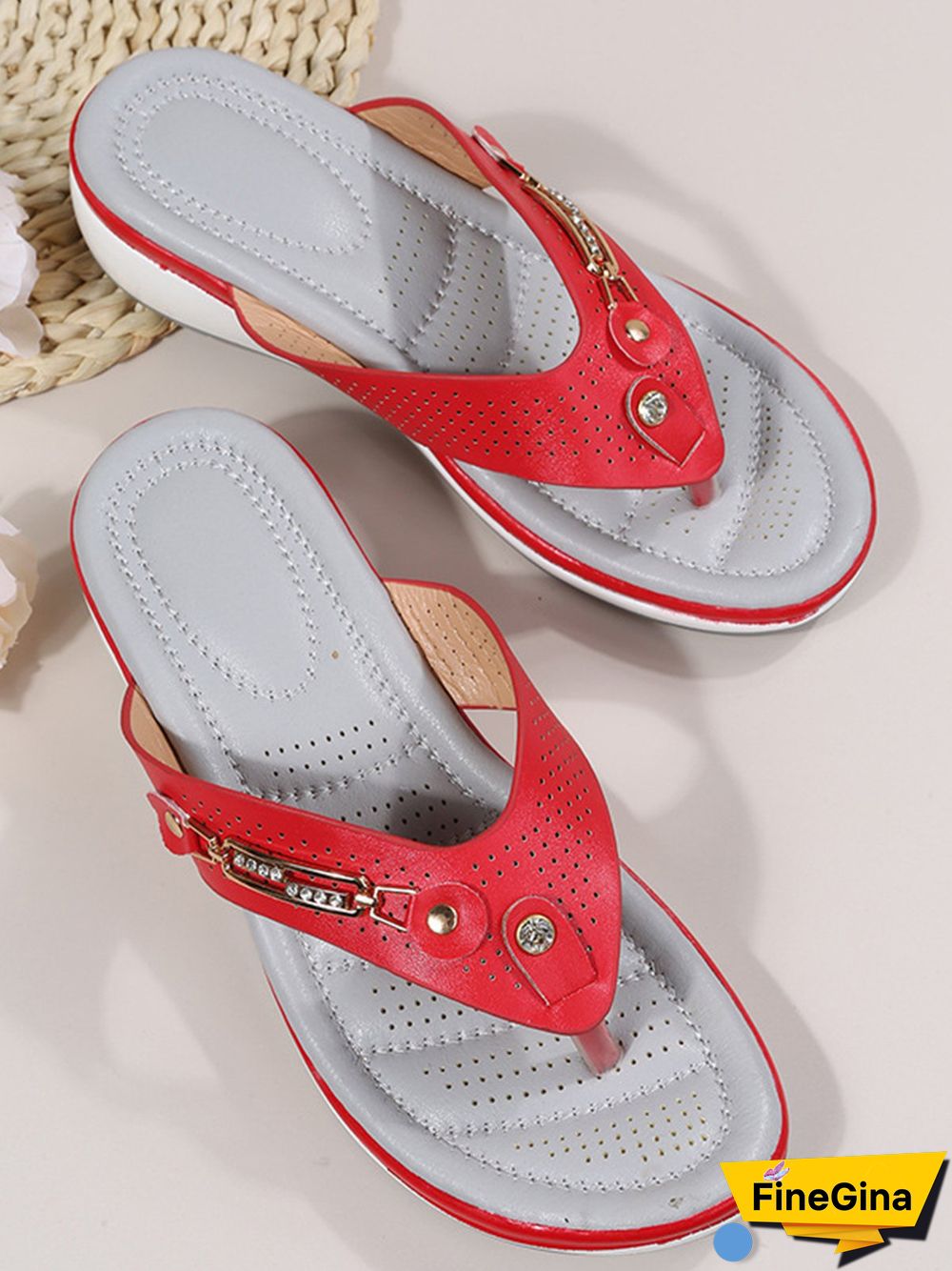 Metal Rhinestone Slope Heel Flip-Flops