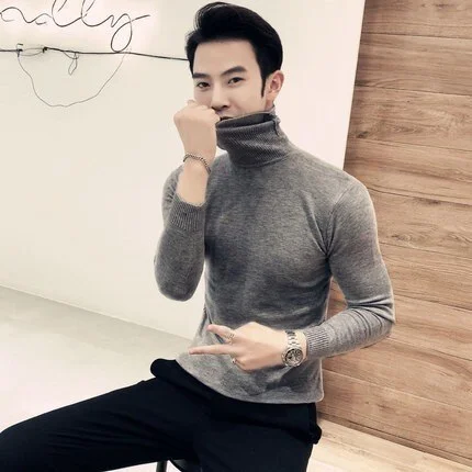 2023 Autumn New Men's Turtleneck Sweaters Male Black Gray  Slim Fit Knitted Pullovers Solid Color Casual Sweaters Knitwear