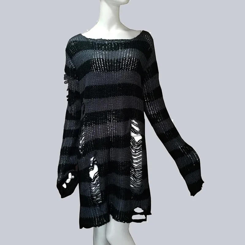 Plus Size Punk Gothic Long Unisex Sweater Dress Women Man Striped Cool Hollow Out Hole Broken Jumper Loose Rock Thin Sweter 2021