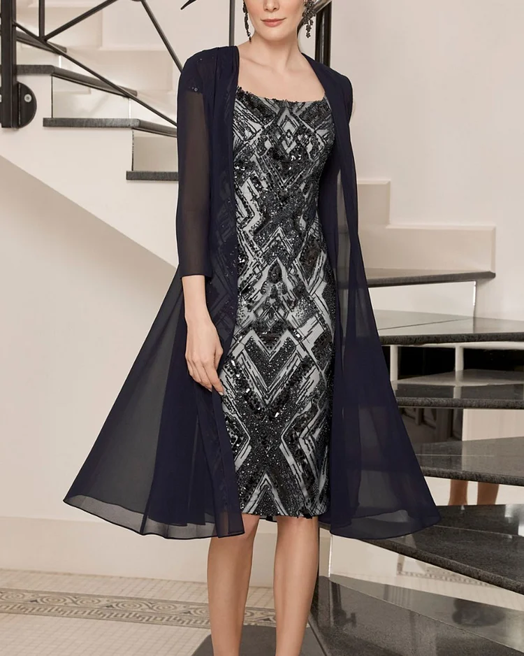 Elegant embroidered sequin dress and chiffon cardigan two-piece set