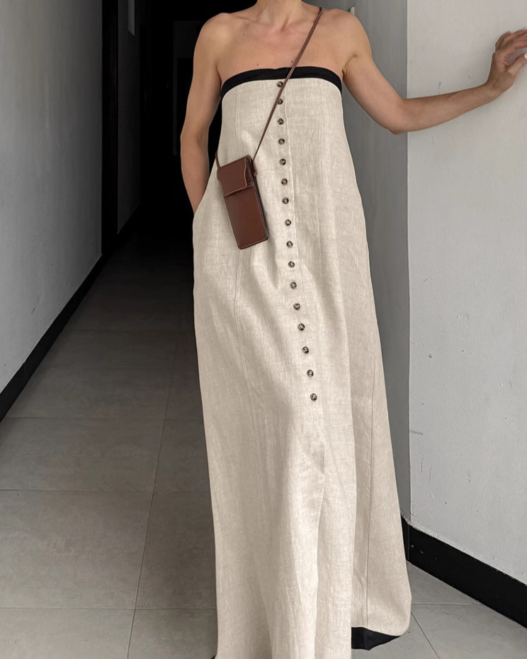 Strapless Single Breasted Contrast Trim Maxi Dress