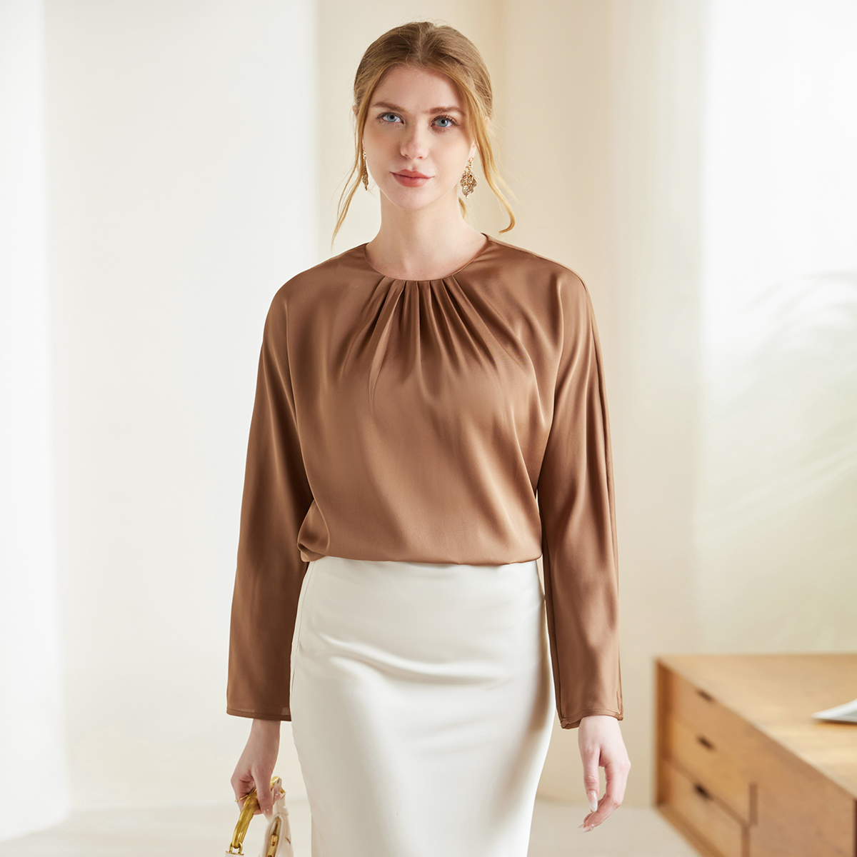 Solid Silk Top With Long Sleeves Office Lady Style  REAL SILK LIFE