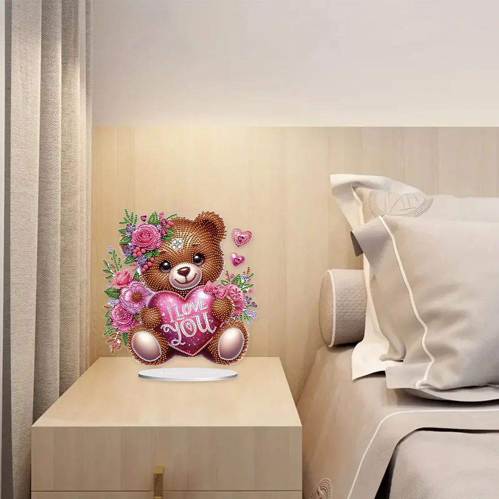 5D DIY Love Flower Bear Acrylic Single-Sided Diamond Painting Tabletop Ornament Kit for Office Desktop Decor