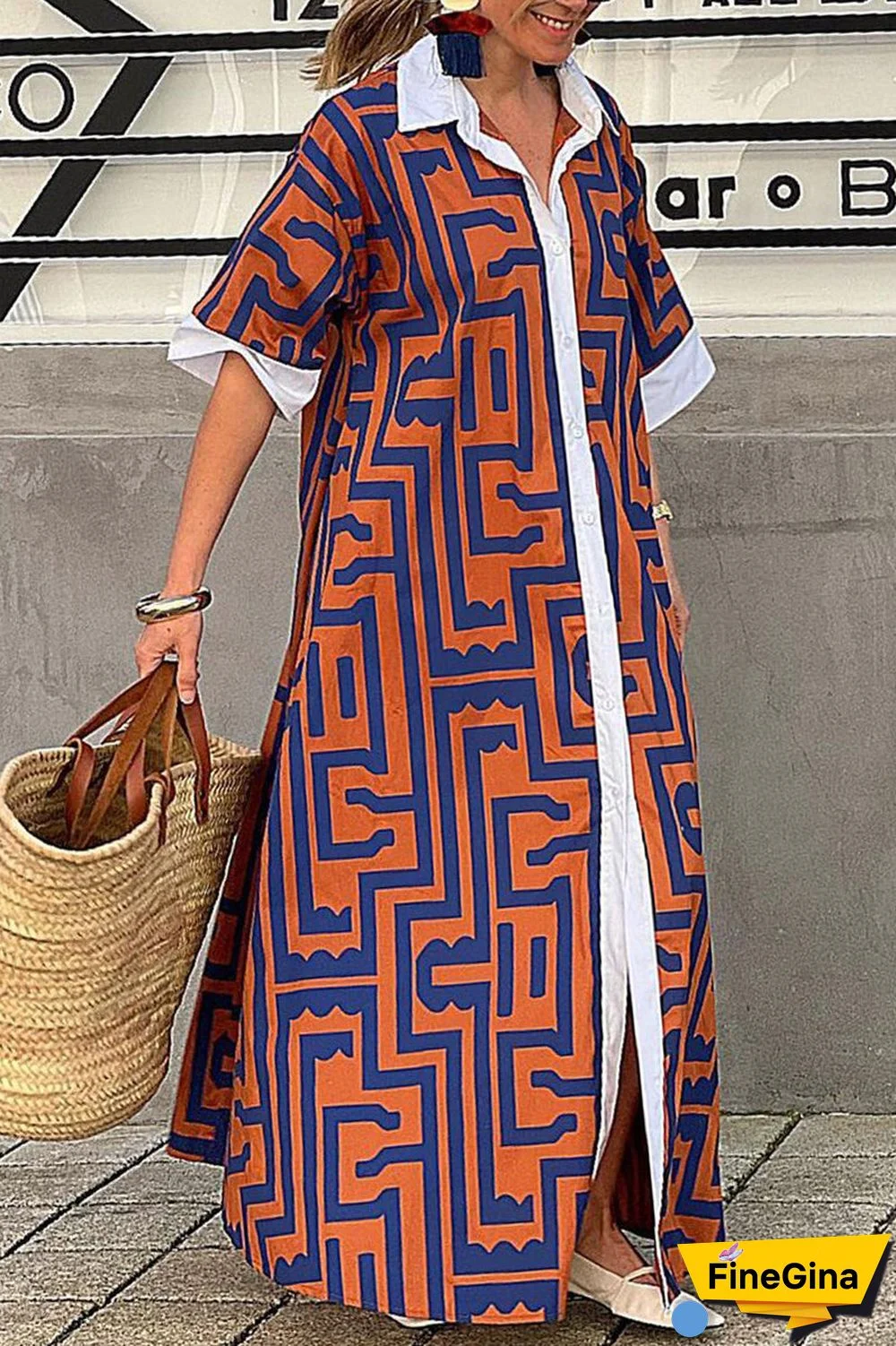 Casual Geometric Printing Turndown Collar Shirt Dress Dresses