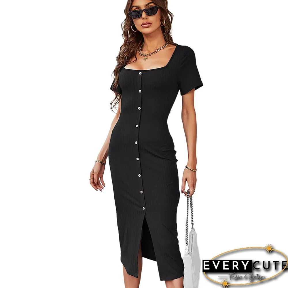 Black Rib Button Split Bodycon Dress