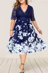 Plus Size Flower Printed Lace Midi Dress