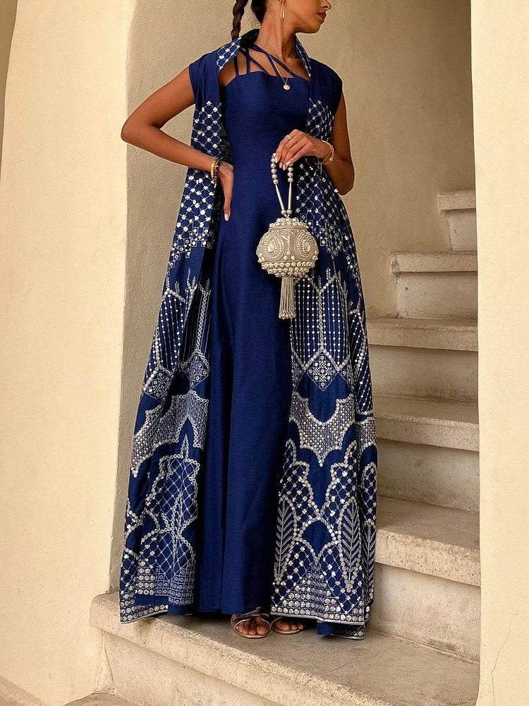 Dark Blue Slip Dress and Sequin Print Outer Set