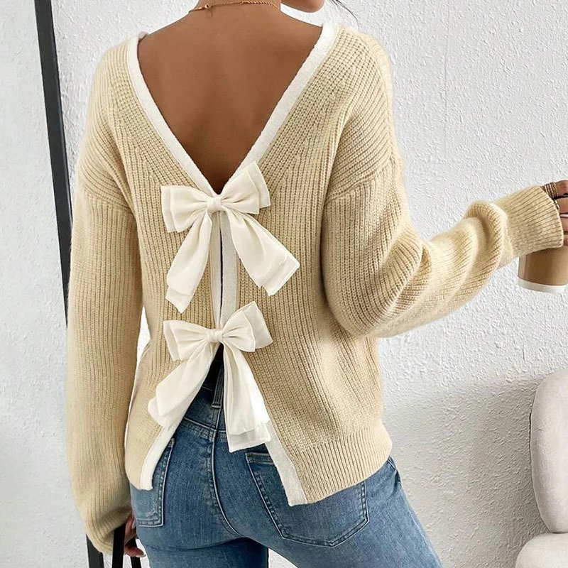 Athvotar Athvotar And Winter New Sweater Women's Fashion Back Bow Decorated Round Collar Knitted Shirt