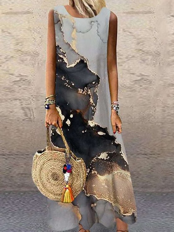 Women's Graphic Round Neck Sleeveless Maxi Dress
