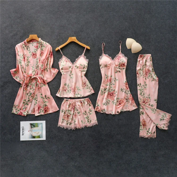 Pink Pajamas Sets Womens Strap Top Pants Sleepwear Suit  Autumn Home Wear Nightwear Kimono Robe Bath Gown M-XXL